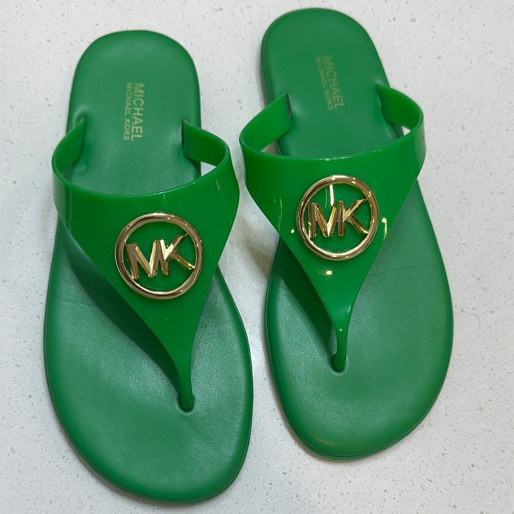 Michael Kors Emerald Sandals with Gold Emblem